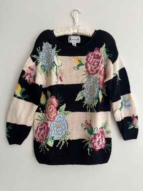 VINTAGE Striped Floral Hand Knit Round Neck Sweater Shoulder Pads Retro 80's